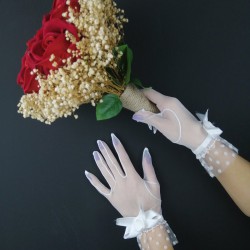 Kırmızı Kadife Güllü Krem Cipsolu Gelin Çiçeği ve Beyaz Fiyonklu Eldiven Takımı -GBKT-1165