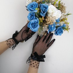 Mavi Beyaz Güllü Cipsolu Gelin Çiçeği ve Siyah Fiyonklu Eldiven Takımı-GBKT-1169