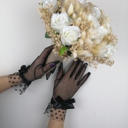 Beyaz Güllü Pamuk Otlu Gelin Buketi ve Siyah Fiyonklu Eldiven Takımı-GBKT-1170