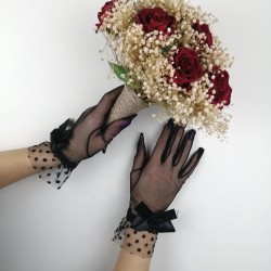 Kırmızı Kadife Güllü Cipsolu Gelin Çiçeği ve Siyah Fiyonklu Eldiven Takımı -GBKT-1171