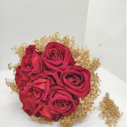 Kırmızı Gül Krem Cipsolu Gelin Buketi ve Yaka Çiçeği-GBKT-1229