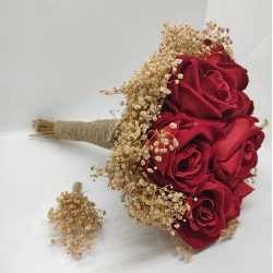 Kırmızı Gül Krem Cipsolu Gelin Buketi ve Yaka Çiçeği-GBKT-1229