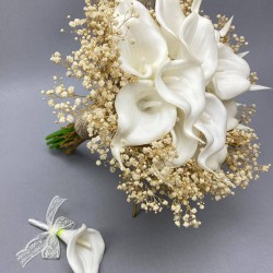 Beyaz Islak Gala Krem Cipsolu Gelin Buketi Ve Damat Yaka Çiçeği-GBKT-1234