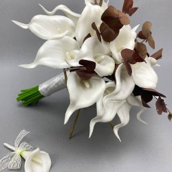 Beyaz Islak Gala Okaliptuslu Gelin Buketi Ve Damat Yaka Çiçeği-GBKT-1237