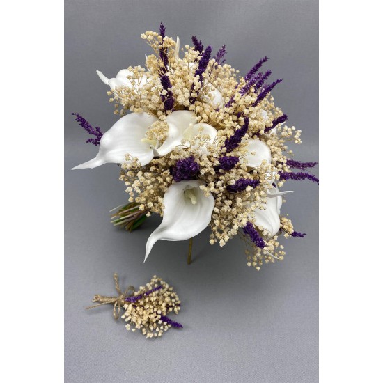 Beyaz Islak Gala Cipsolu Gelin Buketi Ve Damat Yaka Çiçeği-GBKT-1238