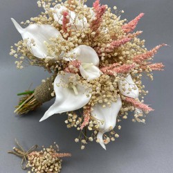 Beyaz Islak Gala Pembeli Gelin Buketi Ve Damat Yaka Çiçeği-GBKT-1239