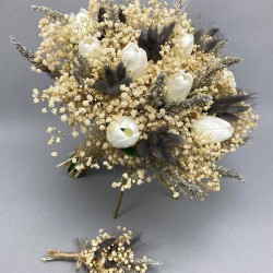 Beyaz Islak Laleli Gelin Buketi Ve Damat Yaka Çiçeği Seti-GBKT-1240