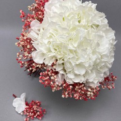 Beyaz Ortancalı Pudra Cipsolu Gelin Buketi Ve Damat Yaka Çiçeği-GBKT-1241