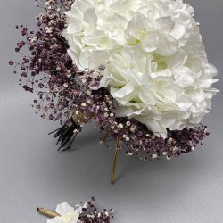 Beyaz Ortancalı Mor Cipsolu Gelin Buketi Ve Damat Yaka Çiçeği-GBKT-1242