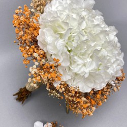 Beyaz Ortancalı Turuncu Cipsolu Gelin Buketi Ve Damat Yaka Çiçeği-GBKT-1243