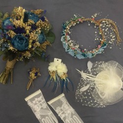 Mavi Kurutulmuş Yapay Çiçekli Gelin Buketi Seti-GBKT-1244