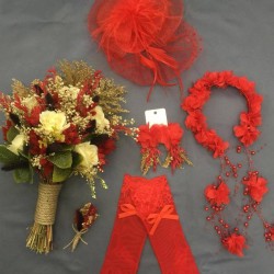 Kırmızı Krem Çiçekli Gelin Buketi Seti-GBKT-1245