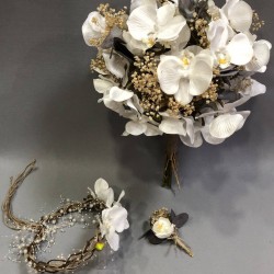 Beyaz Orkide Ve Cipso Okaliptuslu Gelin Buketi Ve Tacı-GBKT-1247