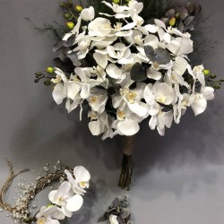 Beyaz Orkide Ve Okaliptus Gelin Buketi Taç Seti-GBKT-1248