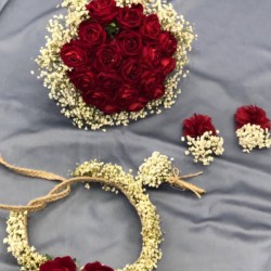 Kırmızı Kadife Güllü Taçlı Gelin Buketi Takımı-GBKT-1252