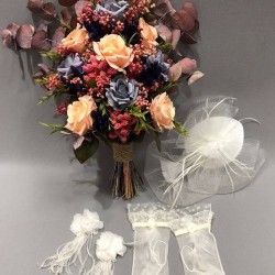 Somon Renkli Kuru Ve Yapay Çiçekli Gelin Buketi Takımı-GBKT-1263