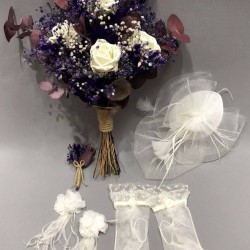 Mor Cipsolu Okaliptuslu Yatay Gelin Buketi Takımı-GBKT-1264