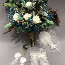 Yeşil Ve Mavi Karışımlı Yatay Gelin Buketi Takımı-GBKT-1265