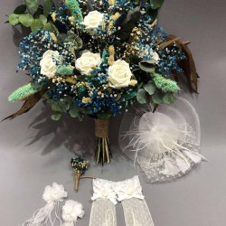 Mavi Cipsolu Beyaz Kadife Güllü Gelin Buketi Takımı-GBKT-1266