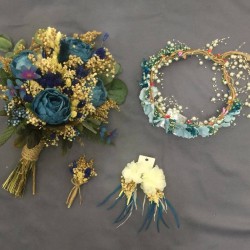 Mavili Kuru Çiçekli Gelin Buketi Takımı-GBKT-1268