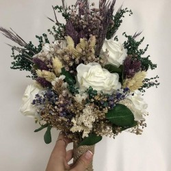 Mor Yeşil Kuru Ve Yapay Çiçekli Gelin Buketi-GBKT-1269