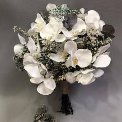 Beyaz Orkideli Ve Mavi Kuru Çiçekli Gelin Buketi-GBKT-1271