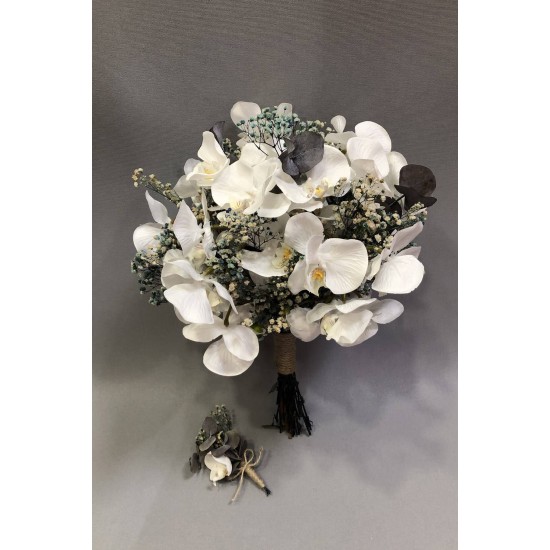 Beyaz Orkideli Ve Mavi Kuru Çiçekli Gelin Buketi-GBKT-1271