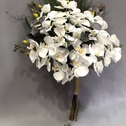 Beyaz Orkideli Ve Okaliptus Yeşillikli Gelin Buketi-GBKT-1273