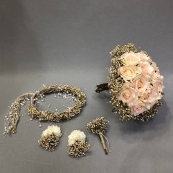 Pudra Ve Krem Güllü Cipsolu Gelin Buketi Takımı-GBKT-1274