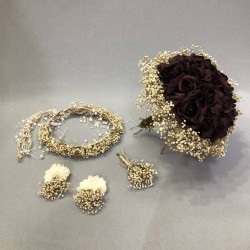 Bordo Güllü Cipsolu Gelin Buketi Takımı-GBKT-1275