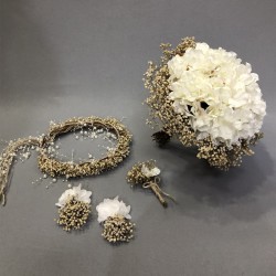 Beyaz Ortancalı Cipsolu Gelin Buketi Takımı-GBKT-1276