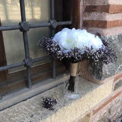 Mor Cipsolu Krem İri Güllü Gelin Buketi Ve Yaka Çiçeği-GBKT-1281