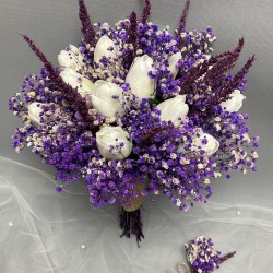 Islak Lale Mor Cipsolu Gelin Buketi Ve Yaka Çiçeği-GBKT-1284