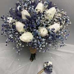 Islak Lale Mavi Cipsolu Gelin Buketi Ve Yaka Çiçeği-GBKT-1285