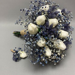 Islak Lale Mavi Cipsolu Gelin Buketi Ve Yaka Çiçeği-GBKT-1285