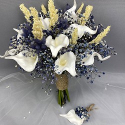 Islak Gala Mavi Cipsolu Gelin Buketi Ve Yaka Çiçeği-GBKT-1288