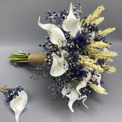 Islak Gala Mavi Cipsolu Gelin Buketi Ve Yaka Çiçeği-GBKT-1288