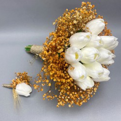 Cipsolu Başaklı Islak Lale Gelin Çiçeği Ve Damat Yaka Çiçeği-GBKT-1289