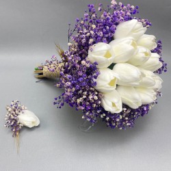 Cipsolu Islak Lale Gelin Buketi Ve Damat Yaka Çiçeği-GBKT-1290