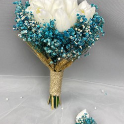 Turkuaz Cipsolu Islak Lale Gelin Buketi Ve Damat Yaka Çiçeği-GBKT-1291