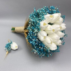 Turkuaz Cipsolu Islak Lale Gelin Buketi Ve Damat Yaka Çiçeği-GBKT-1291