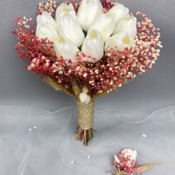 Pudra Kurutulmuş Çiçekli Beyaz Islak Laleli Gelin Buketi ve Damat Yaka Çiçeği-GBKT-1293