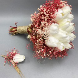Pudra Kurutulmuş Çiçekli Beyaz Islak Laleli Gelin Buketi ve Damat Yaka Çiçeği-GBKT-1293