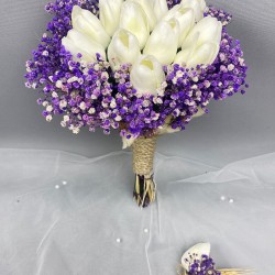 Mor Kurutulmuş Çiçekli Beyaz Islak Laleli Gelin Buketi ve Damat Yaka Çiçeği-GBKT-1294