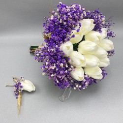 Mor Kurutulmuş Çiçekli Beyaz Islak Laleli Gelin Buketi ve Damat Yaka Çiçeği-GBKT-1294