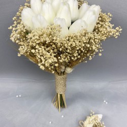 Krem Kurutulmuş Çiçekli Beyaz Islak Laleli Gelin Buketi ve Damat Yaka Çiçeği-GBKT-1295