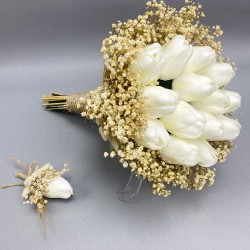 Krem Kurutulmuş Çiçekli Beyaz Islak Laleli Gelin Buketi ve Damat Yaka Çiçeği-GBKT-1295