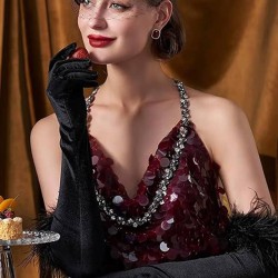 Siyah Tüylü Saten Gelin Eldiveni Balo Eldiveni Parti Eldiveni-GELINELDIVENI-1014