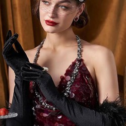 Siyah Tüylü Saten Gelin Eldiveni Balo Eldiveni Parti Eldiveni-GELINELDIVENI-1014