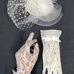 Beyaz Puantiyeli Vualet Gelin Şapkası Ve Beyaz Dantelli Gelin Eldiveni Parti Aksesuarı-GELINELDIVENI-1019